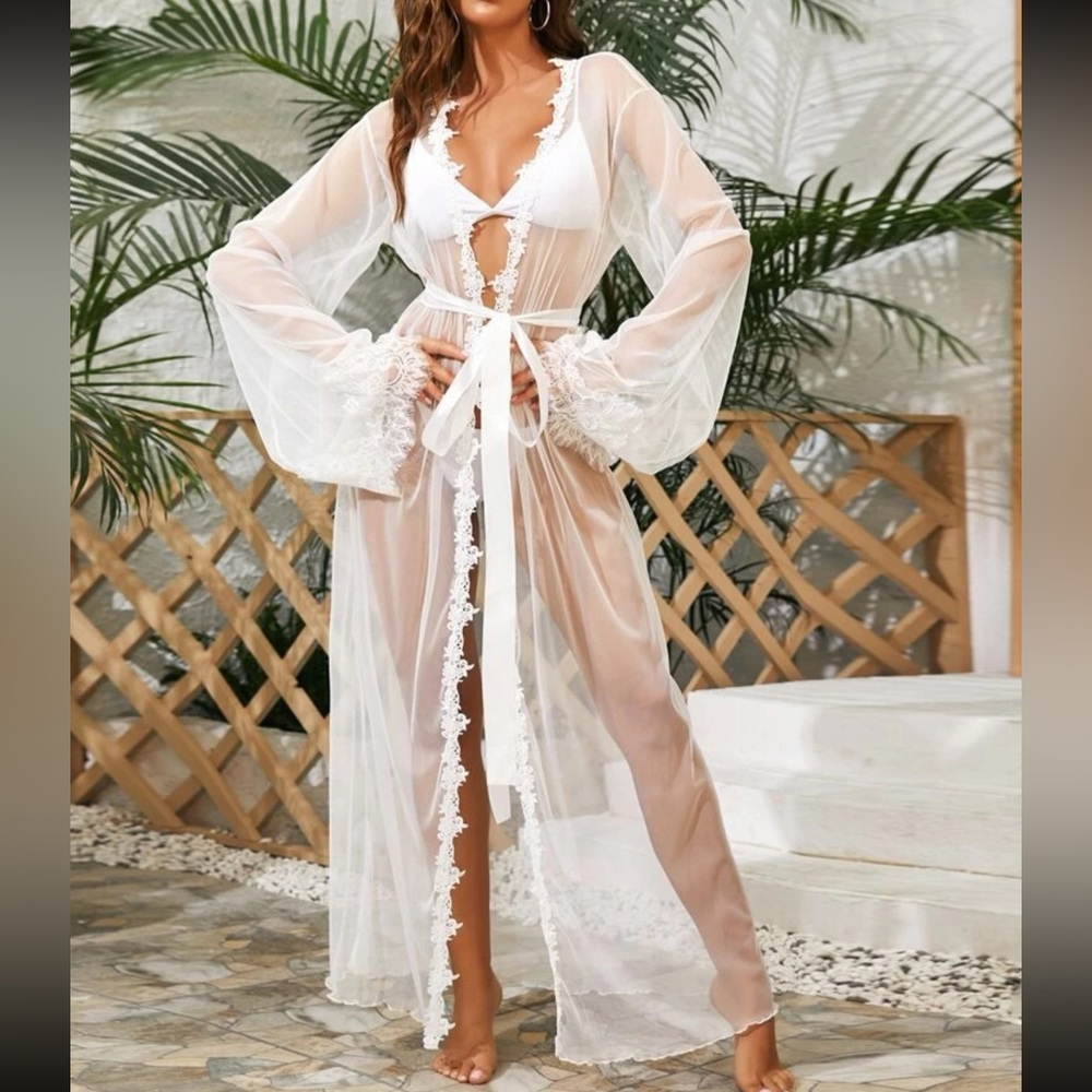 Lace Trim Sheer Mesh Belted Robe